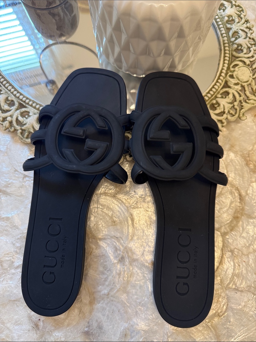 Black Rubber GG Logo Slide Mules
